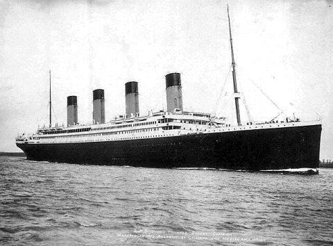 Starboard view of the White Star Line passenger liner R.M.S. Titanic